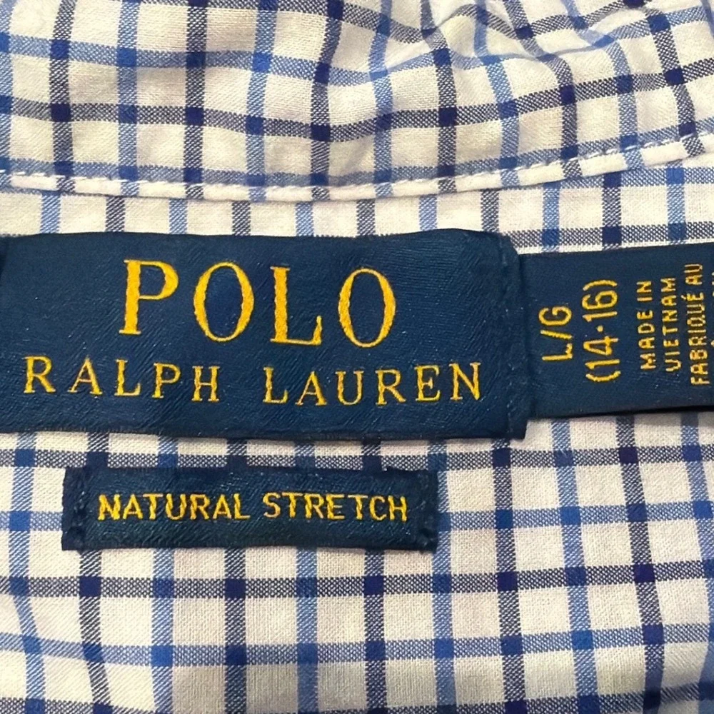 Polo Ralph Lauren Boys Blue Check Natural Stretch Button Down Shirt L 14-16
